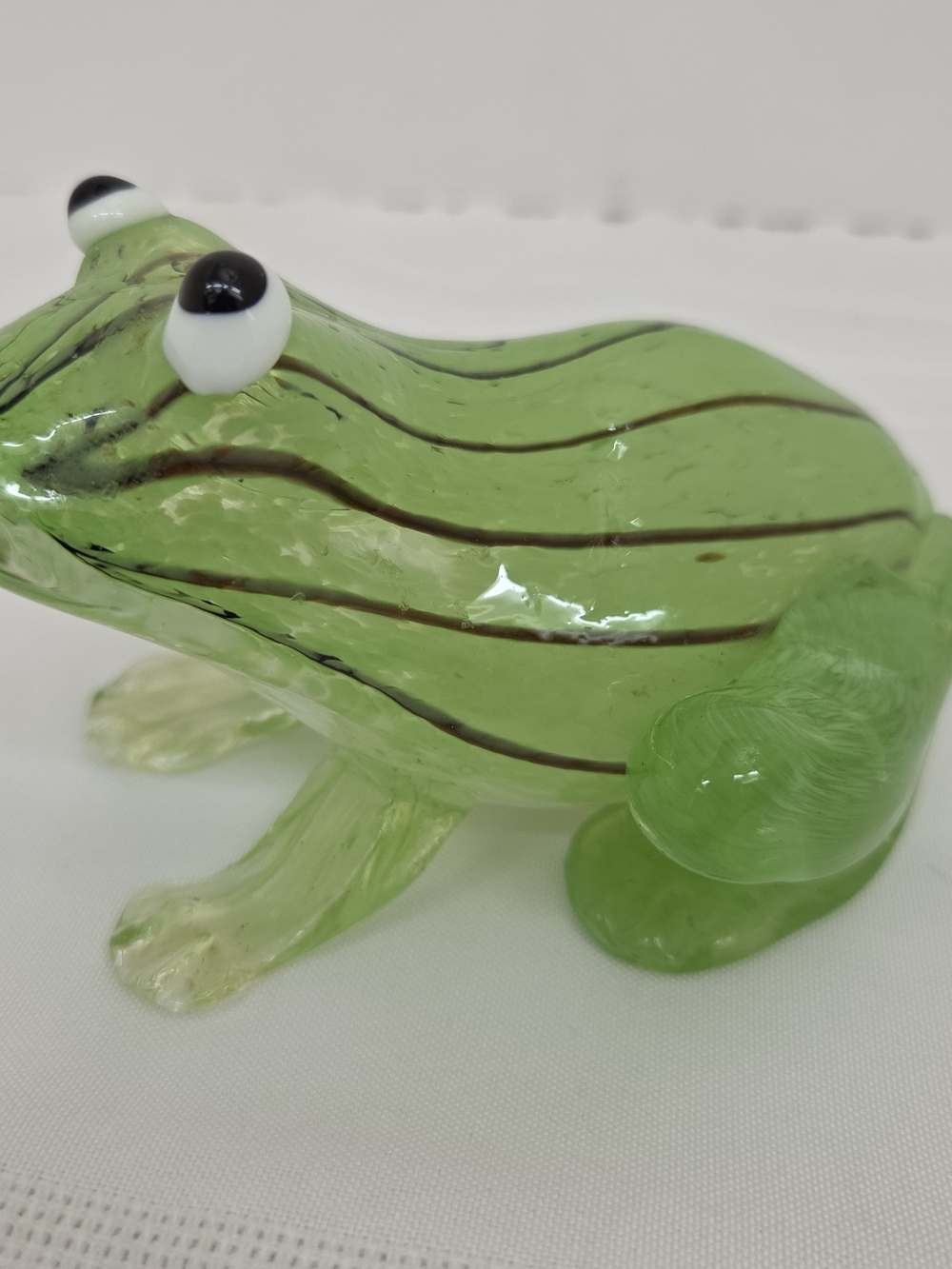 VTG Murano Style Hand Blown Art Glass Frog Paperweight Green Black Stripes Decor